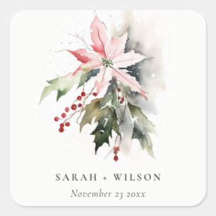 Adesivo Quadrado Poinsettia Berries Foliage Watercolor Casamento