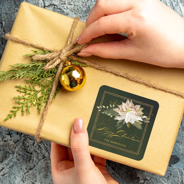 Adesivo Quadrado Poinsettia Branca e Feliz Caligrafia de Natal (Criador carregado)
