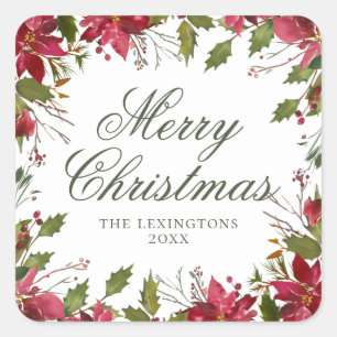 Adesivo Quadrado Poinsettia da Aquarela de Natal Elegante