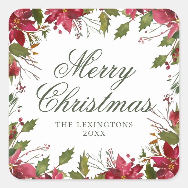 Adesivo Quadrado Poinsettia da Aquarela de Natal Elegante (Frente)