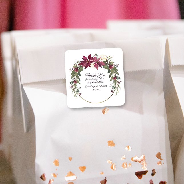 Adesivo Quadrado Poinsettia Floral Obrigado A Favor | Vermelho esca (Criador carregado)