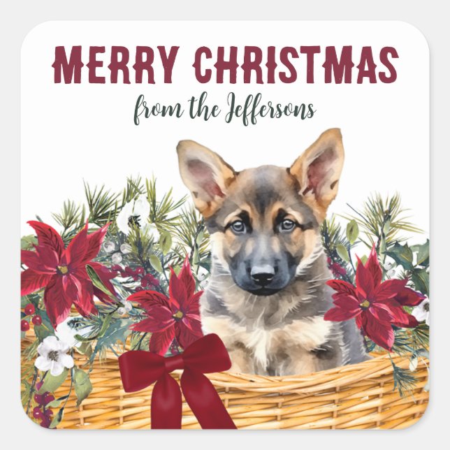 Adesivo Quadrado Poinsettia - German shepherd de Natal (Frente)