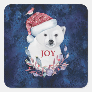 Adesivo Quadrado Polar Bear Bear Hat Pássaro Natal Joy Square Stic