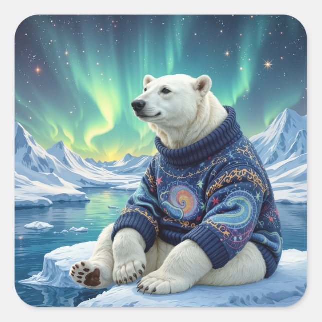 Adesivo Quadrado Polar Bear Sitting Under Northern Lights (Frente)