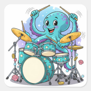 Adesivo Quadrado Polvo Tocando Tambor Cartoon Engraçado Polvo Bater