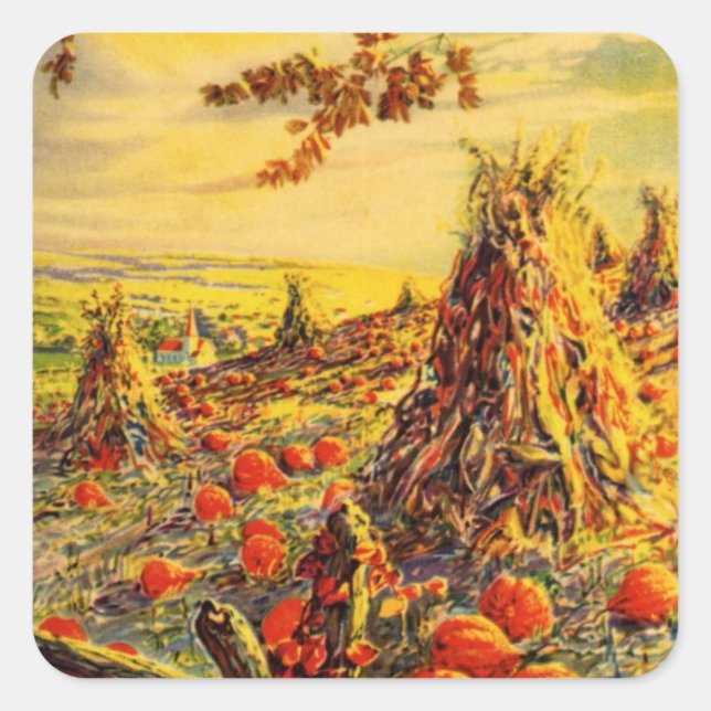 Adesivo Quadrado Pomar de abóboras vintage de Halloween com medas d (Frente)