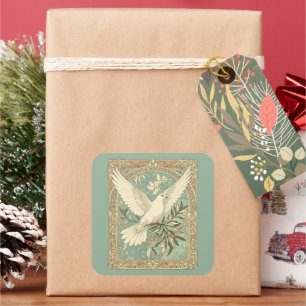 Adesivo Quadrado Pomba Com Design de Natal do Ramo de Oliveira