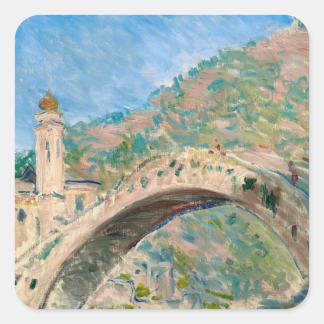 Adesivo Quadrado Ponte em Dolceacqua (1884) Claude Monet belo art (Frente)
