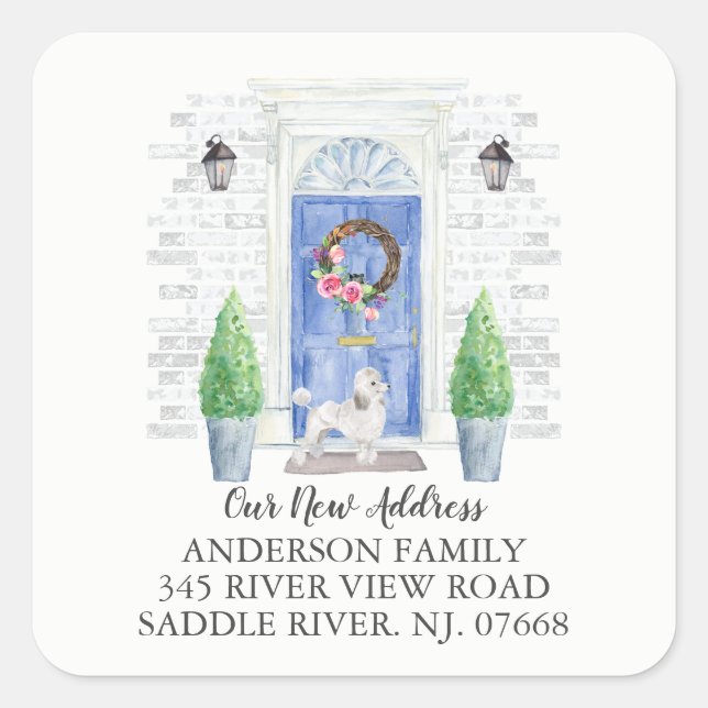 Adesivo Quadrado Poodle Blue Door New Address Label Sticker (Frente)