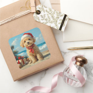 Adesivo Quadrado Poodle Dog Christmas Vintage Beach