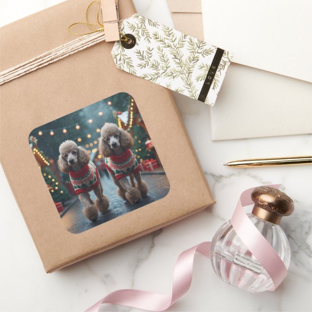 Adesivo Quadrado Poodle Dogs Christmas Snow Holiday  (Presentear)