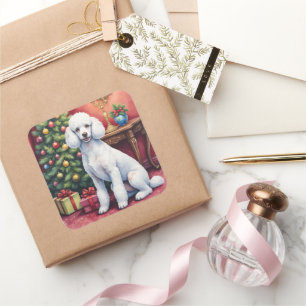 Adesivo Quadrado Poodle Elegante ao Lado da Árvore de Natal Cachorr