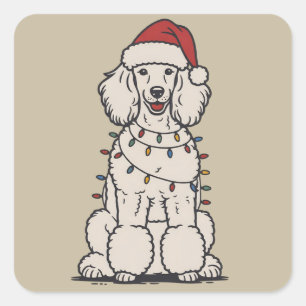 Adesivo Quadrado Poodle Fofo Envolvido em Luzes de Natal Feriado 