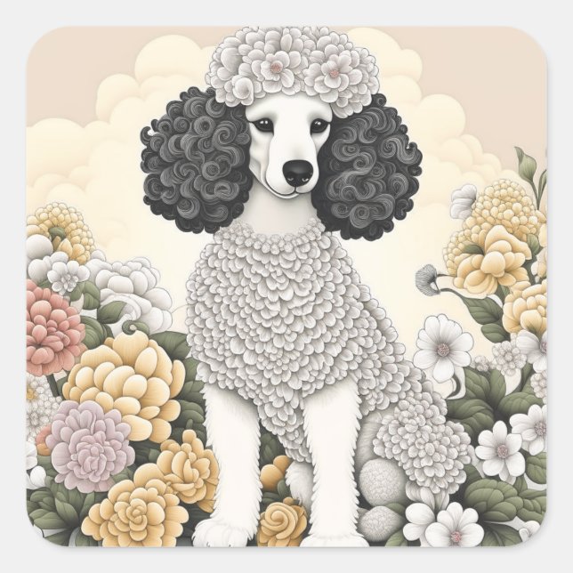 Adesivo Quadrado Poodle in Whimsical Flowers (Frente)