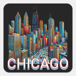 Adesivo Quadrado Pop-art Comic Book Art Chicago Illinois Skyline