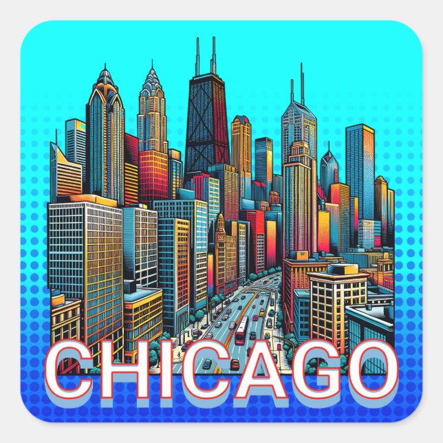 Adesivo Quadrado Pop-art Comic Book Art Chicago Illinois Skyline (Frente)