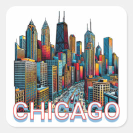 Adesivo Quadrado Pop-art Comic Book Art Chicago Illinois Skyline