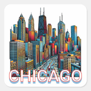 Adesivo Quadrado Pop-art Comic Book Art Chicago Illinois Skyline