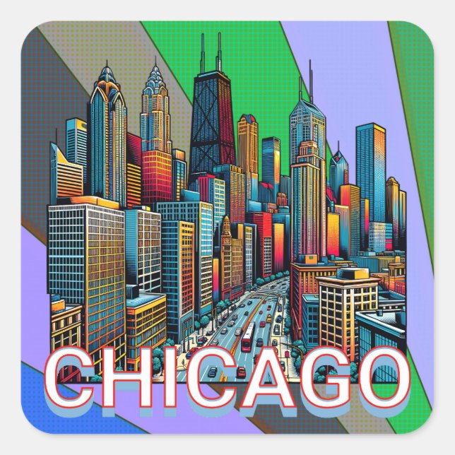 Adesivo Quadrado Pop-art Comic Book Style Chicago Illinois (Frente)