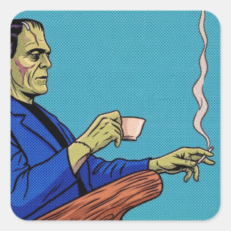 Adesivo Quadrado Pop Art Frankenstein Monster Drinking Tea Halftone
