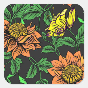 Adesivo Quadrado Pop de Flores Brilhantes do Fundo Preto