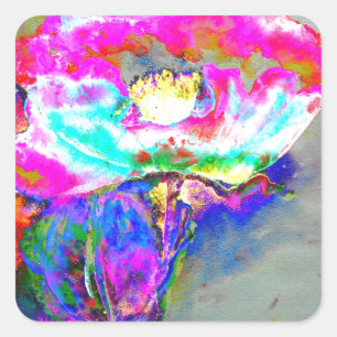 Adesivo Quadrado Pópia rosa, pintura floral aquosa