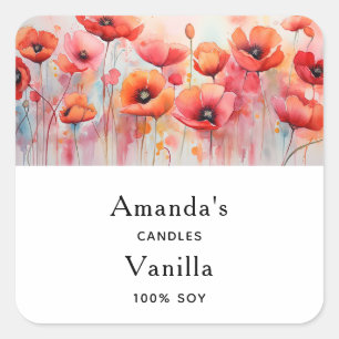 Adesivo Quadrado Poppies Red Watercolor em uma empresa de velas de 