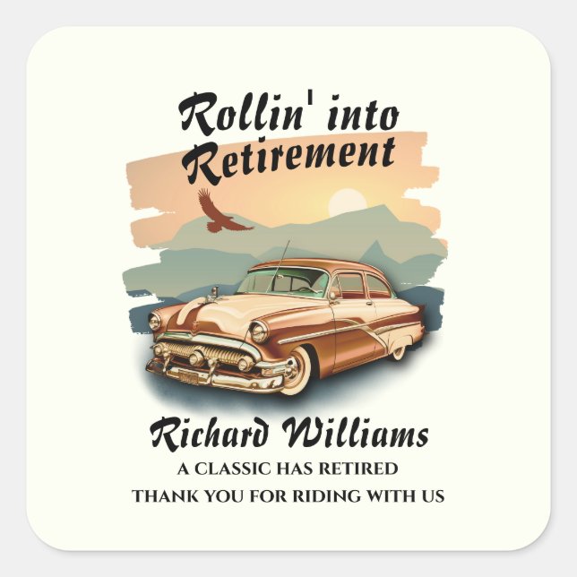 Adesivo Quadrado Pôr do sol do deserto do carro clássico reformado  (Frente)