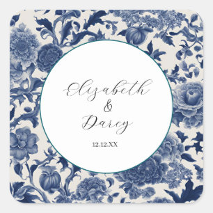 Adesivo Quadrado Porcelain Elegance: Casamento Floral Azul