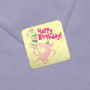 Adesivo Quadrado Porco Engraçado Feliz Aniversário! Desenho Animado