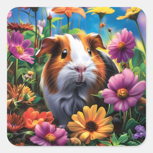 Adesivo Quadrado Porco-guineense entre flores vibrantes (Frente)
