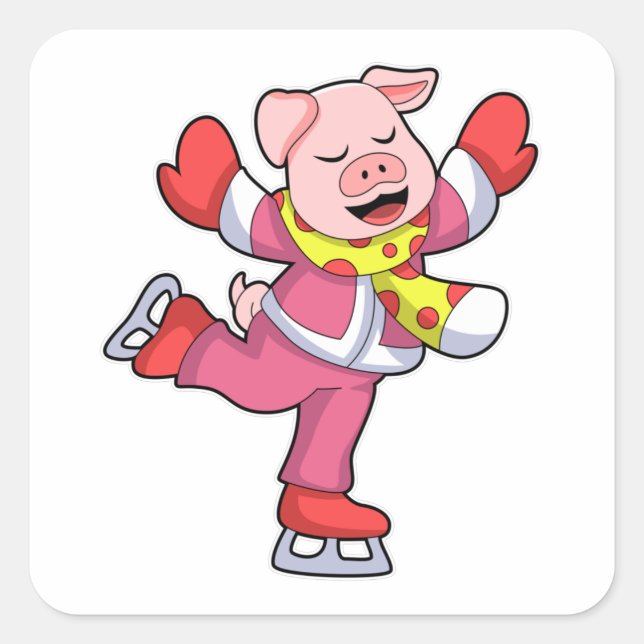 Adesivo Quadrado Porco na patinação de gelo com skates de gelo (Frente)