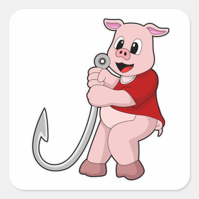 Adesivo Quadrado Porco na pesca com gancho de peixe (Frente)