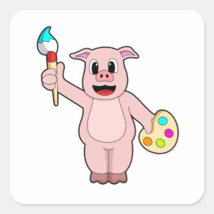 Adesivo Quadrado Porco na pintura com pincel e cor