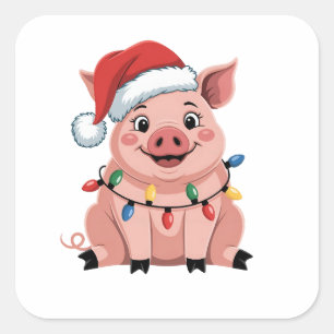 Adesivo Quadrado Porco Papai Noel do Natal Festa de Natal Porcomass