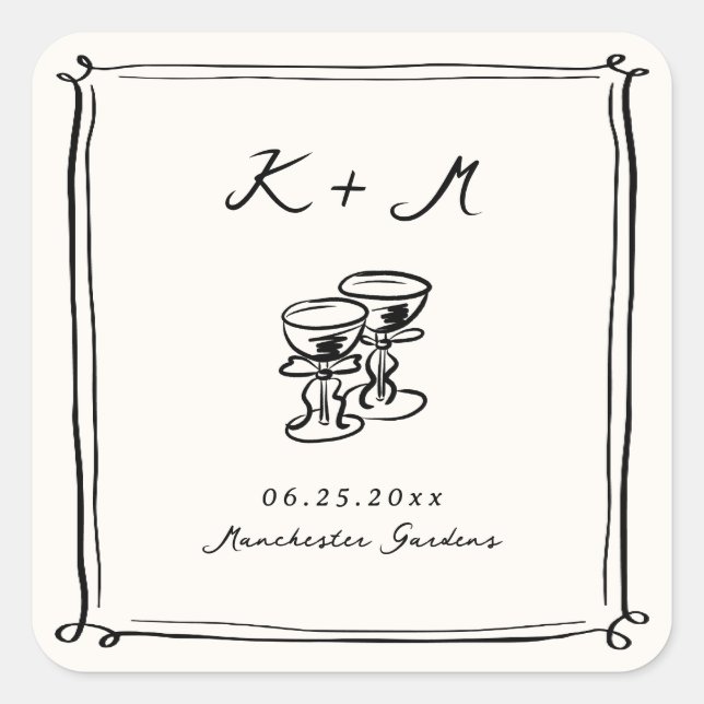 Adesivo Quadrado Porcos De Casamento Desenhados À Mão Do Whimsical (Frente)