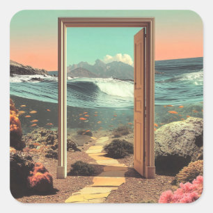 Adesivo Quadrado Porta Surrealista Abrindo para o Oceano com Recife