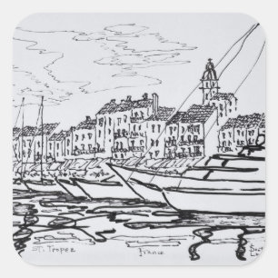 Adesivo Quadrado Porto de Saint-Tropez   Riviera Francesa, França