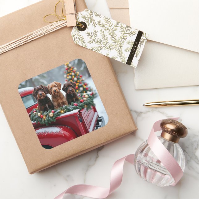 Adesivo Quadrado Portuguese Water Dog Christmas Red Truck Holiday (Presentear)