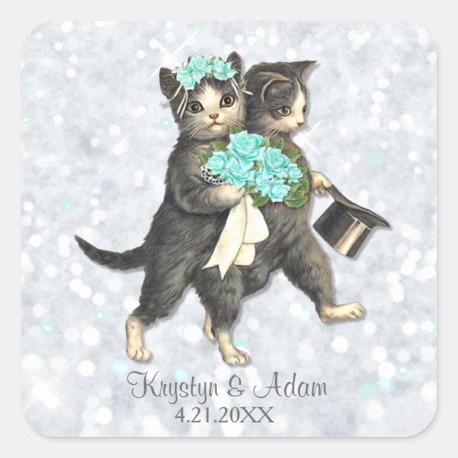 Adesivo Quadrado Posh Cats Aqua - Silver Sparkle Sticker (Frente)