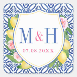 Adesivo Quadrado Positano Lemons Azulejos Azuis Monograma de Casame