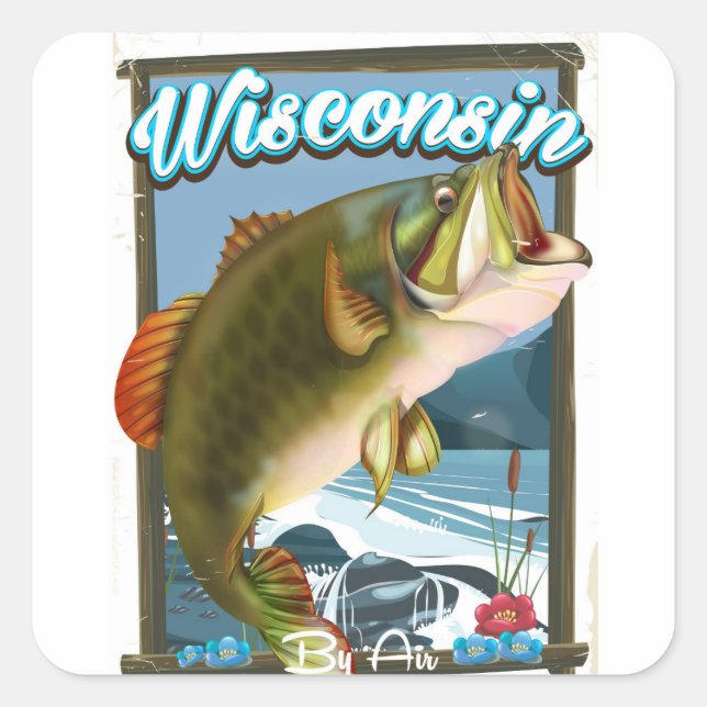 Adesivo Quadrado Poster de pesca do Estado de Wisconsin (Frente)