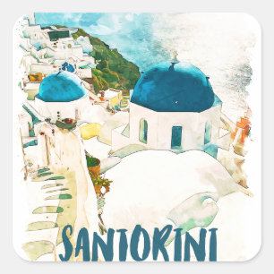 Adesivo Quadrado Poster de Viagem de Grécia de Santorini