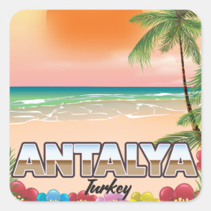 Adesivo Quadrado Poster de viagens da praia de Antalya Turquia
