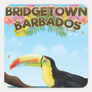 Adesivo Quadrado poster de viagens de Bridgetown Barbados Toucan