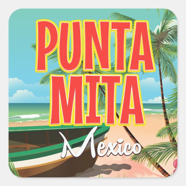 Adesivo Quadrado Poster de viagens de praia mexicana Punta Mita. (Frente)