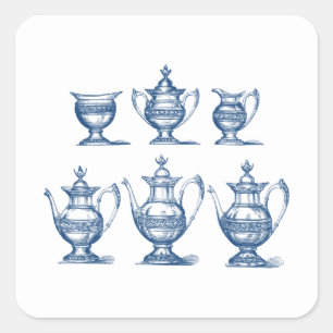 Adesivo Quadrado Pote azul do café branco de grupo de chá do