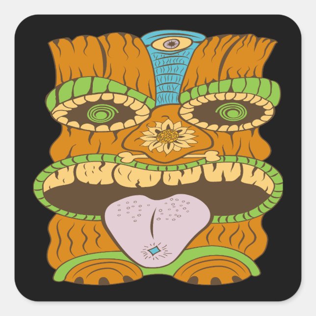 Adesivo Quadrado Potente estátua de Tiki em Humor Psicodélico, Engr (Frente)