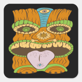 Adesivo Quadrado Potente estátua de Tiki em Humor Psicodélico, Engr