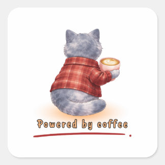 Adesivo Quadrado "Powered by Coffee" Cat Holding A Cup of Coffee